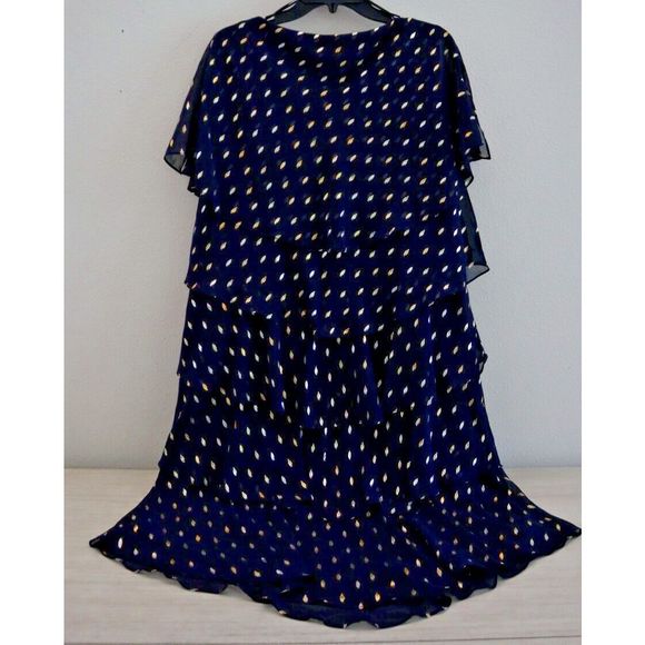 SLNY Women's Sz 16W Navy Gold Printed Flutter Knee Length Shift Party Dress $129 - Picture 2 of 13